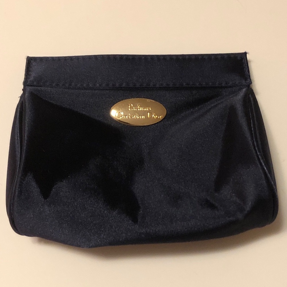 Vintage Christian Dior Cosmetic Makeup Bag Organizer Navy Blue Satin Clutch Gift